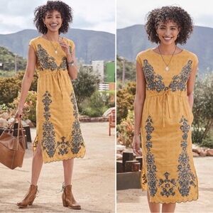 Sundance Mustard and Navy Embroidered Midi Dress